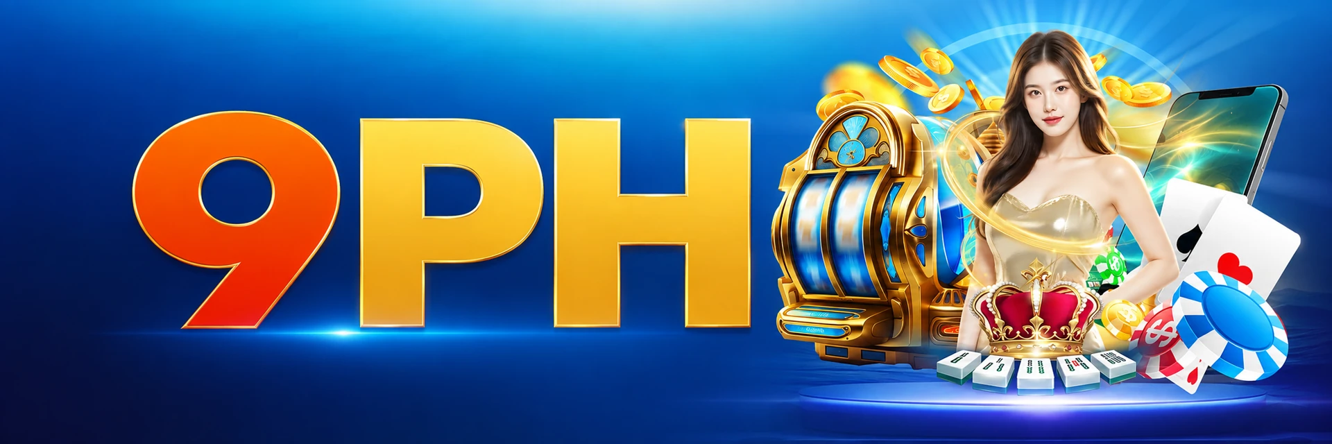 9PH banner with a blue background and casino illustrations